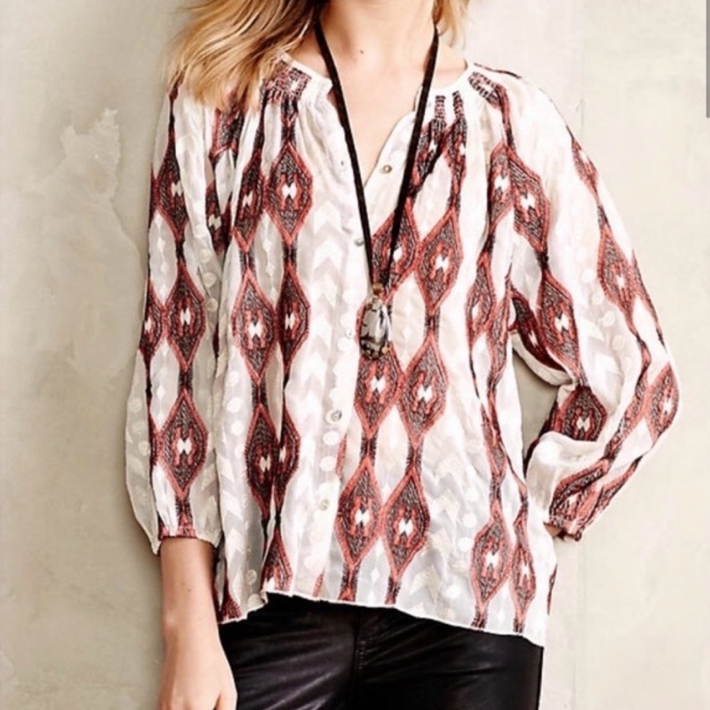 Line & Dot Anthropologie Socompa Ikat Diamond Peasant Blouse - Size Small